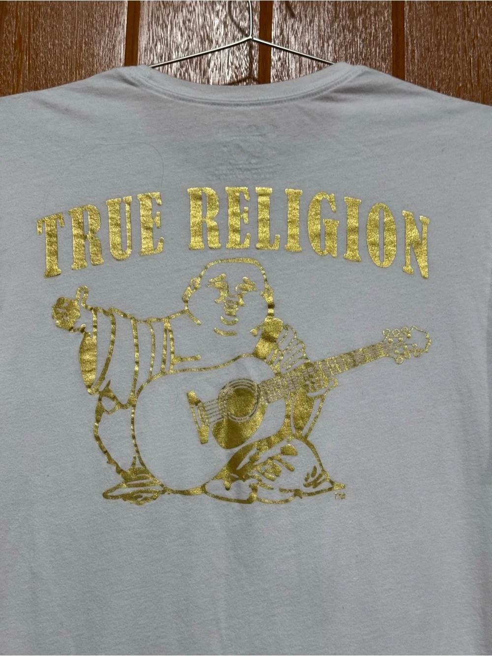True Religion White Tee with Gold Foil Buddha & Guitar Graphic size M unisex